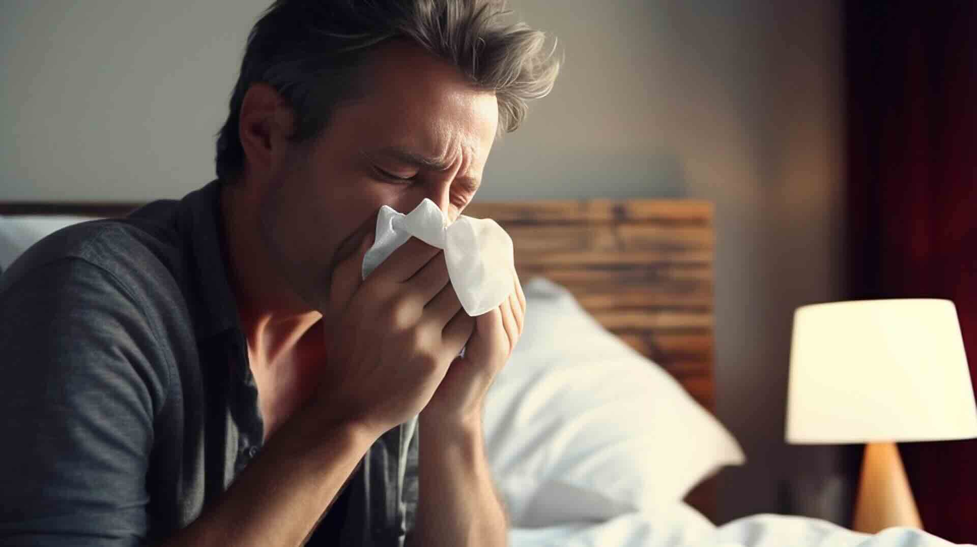 Man snuit neus op bed omdat hij verkouden is